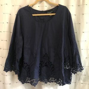 Cynthia Rowley lace hem button back 3/4 length sleeve navy blue blouse size 2X